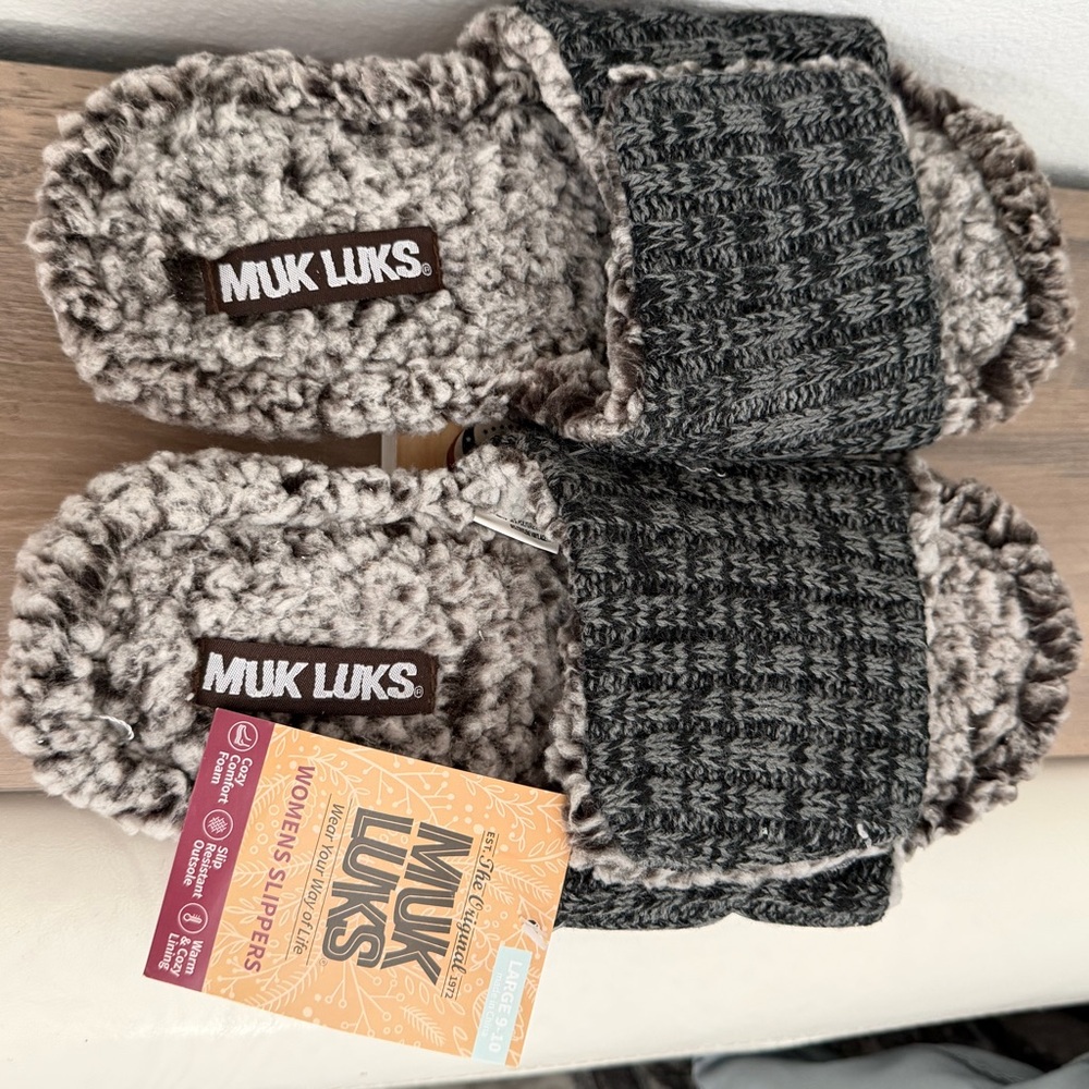 Muk Luks Charcoal and Cream Slippers